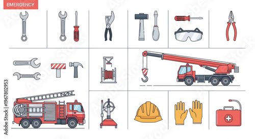 Emergency Services Equipment: Fire Truck, Tools, Crane, Safety Gear & First Aid Kit