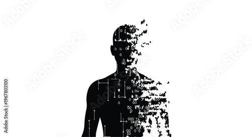 Man silhouette integrates with digital circuit patterns on a white background.