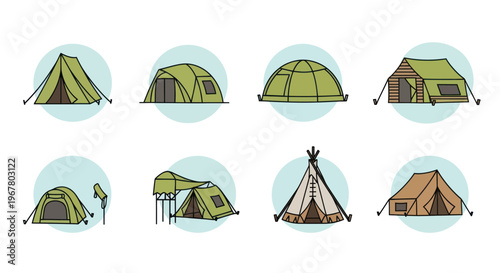 Camping Tent Variety Set Icons - Different Shelter Designs for Outdoors