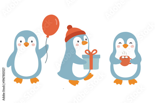 Cute baby penguin set with red balloon gift box and hot chocolate mug in scandinavian style