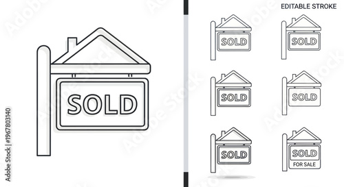 House Sold Sign Icons Set, Real Estate Property Sale Clipart, Line Art