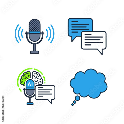 AI voice assistant technology: microphone, brain, chat bubbles, sound waves