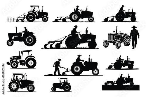 Black silhouettes of tractors and farmers working farming