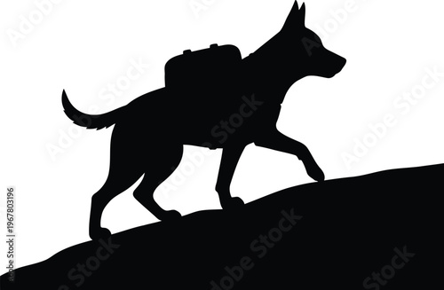 Dog silhouette with backpack hiking on transparent background canine pet carrying gear adventure exploration outdoor activity mountain trail travel journey