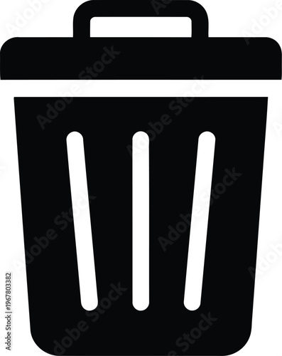 Black outline trash can with lid and handle, a simple waste bin icon with ventilation slots