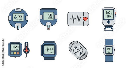 Medical Health Icons: Glucose Monitor, Pulse Oximeter, ECG, Thermometer & Smartwatch
