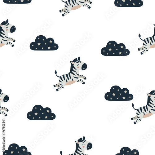 Seamless pattern of cute jumping baby zebra and dark clouds in scandinavian nursery style