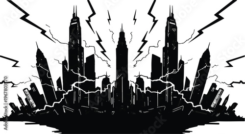 City skyline silhouette stands beneath a stormy sky filled with lightning bolts.