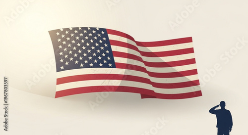 American flag waving with a silhouette of a man saluting in the corner symbolizing patriotism and national pride on a beige background