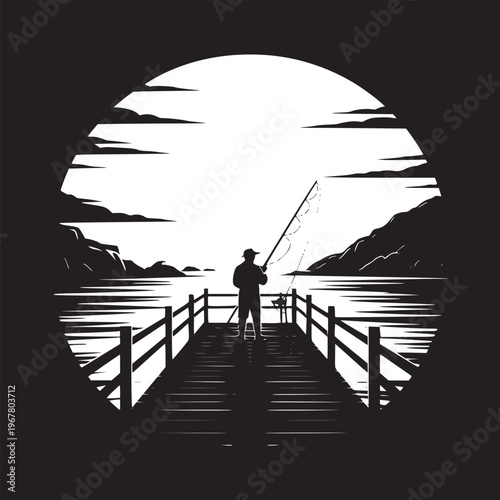 Silhouette of a fisherman on a pier with fishing rod against a bright background in black and white