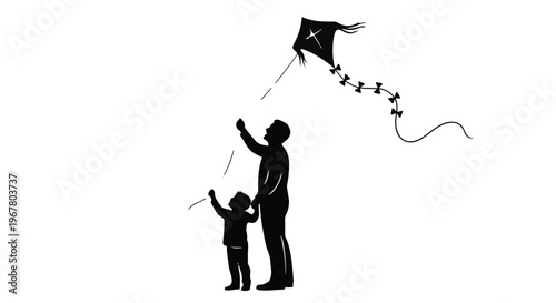 Father and son hold a kite string while standing together in a park setting.
