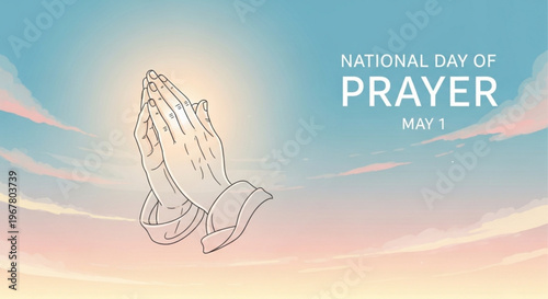 Praying hands with national day of prayer text on serene sky background with clouds at sunset