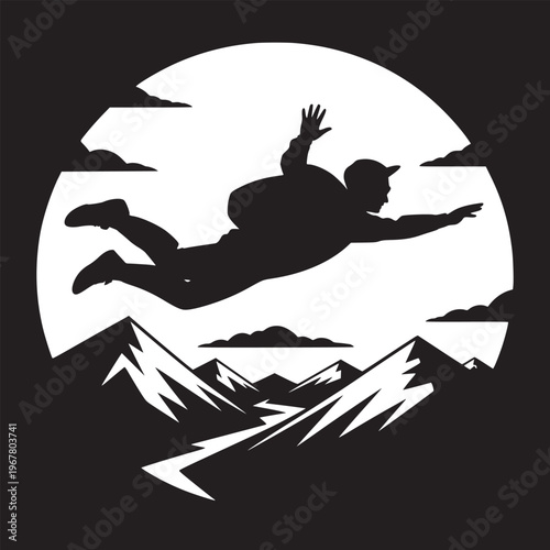 Silhouette of a skydiver with mountains and clouds in a circular frame black and white graphic art