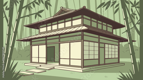 Traditional Japanese house surrounded by bamboo and forest scenery. Asian architecture landscape illustration perfect for travel design, cultural themes, and minimal nature backgrounds.