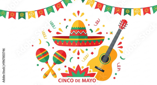 Cinco de mayo celebration with sombrero guitar and maracas festive mexican banner