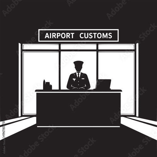 A black and white illustration of an airport customs officer sitting behind a desk at customs area