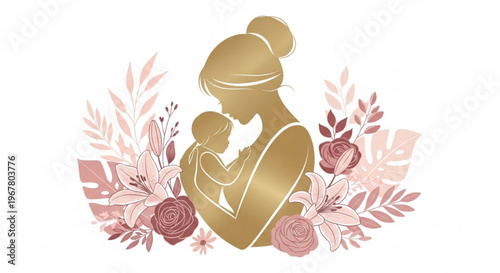 Mother holding baby surrounded by pink flowers and leaves heartwarming family love concept nurturing and care