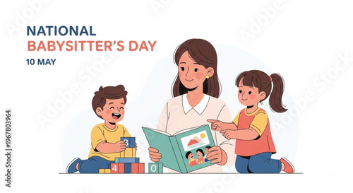 Babysitter reading book to children on national babysitter's day may 10th illustration