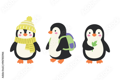 Set of cute baby penguin with winter scarf backpack and leaf in scandinavian nursery style