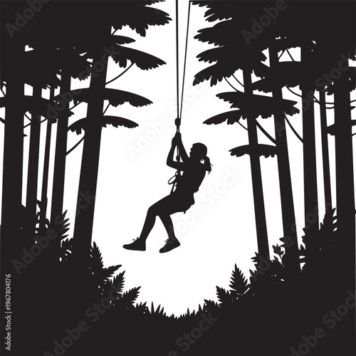 Silhouette of a woman ziplining through trees in a forest against a white background scenery view