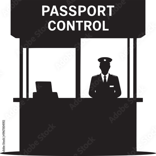 Passport control booth with officer silhouette in black and white minimalist illustration style art