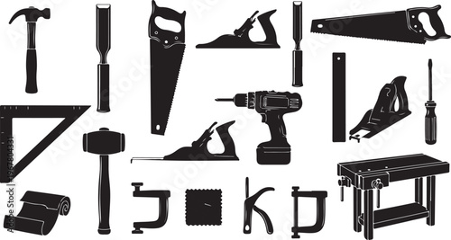 Collection of various black tools and equipment on white background