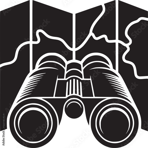 A black and white illustration of binoculars in front of a map with white lines on a dark background