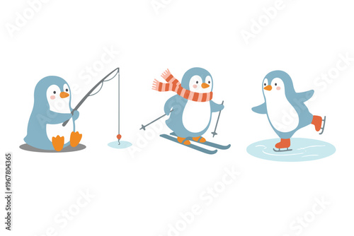 Cute baby penguin winter sports set fishing skiing and ice skating in scandinavian style