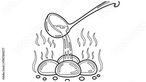 Ladle pouring sauce over dumplings with steam rising around them in a line art illustration style. featuring food, cooking, heat with heat and heat
