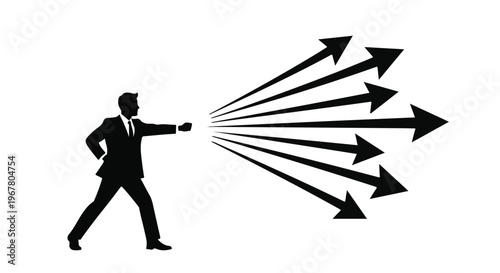 Businessman directs multiple arrows toward diverse future growth opportunities.