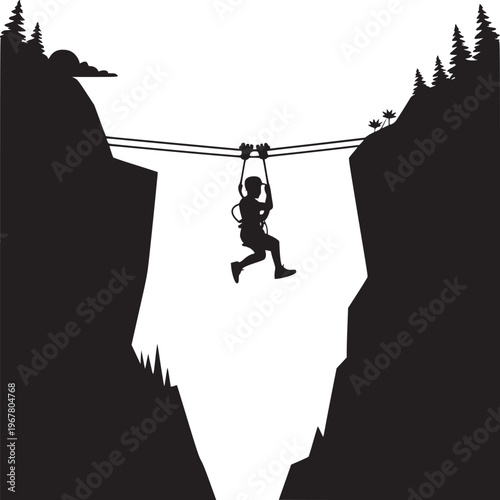 Silhouette of a person zip lining between cliffs with trees and a cloud in the background
