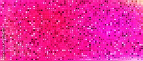 Reflective square tiles with glowing light and retro vibes. Sequin pink disco texture for dance floor, club and fashion design.