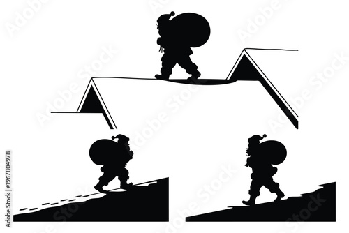 Santa Claus climbing roof with sack silhouette