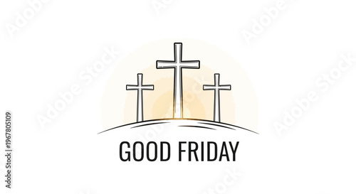 Illustration of three crosses on a hill with the text 'GOOD FRIDAY' below, symbolizing the crucifixion of Jesus Christ on Good Friday, a significant Christian religious holiday.