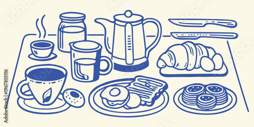 A charming blue line drawing depicting a delightful breakfast spread
