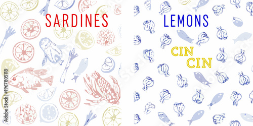 Stylized pattern featuring sardines lemon slices and cin cin fish illustrations
