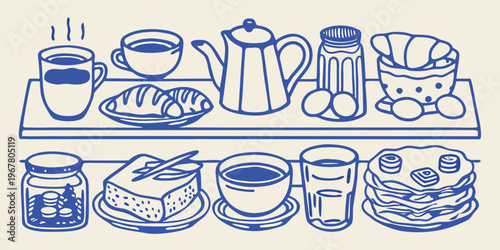 A charming blue line drawing of a breakfast spread on shelves