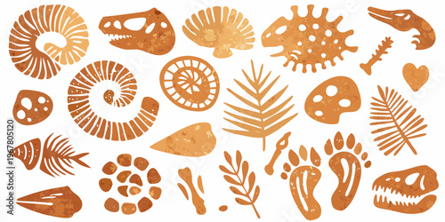 Paleontological illustrations of fossils dinosaur bones and ancient plant life