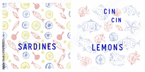 Colorful pattern featuring fish lemons and the words sardines and lemons