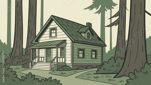 Cozy small cabin surrounded by tall trees in forest landscape. Wilderness illustration ideal for camping, outdoor adventure themes, rural living, and nature background design.