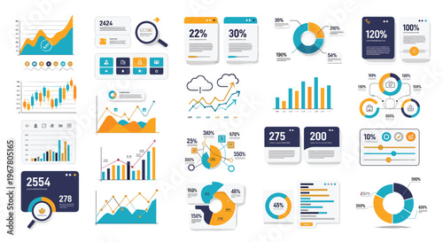 Business Data and Analytics Dashboard Set with Graphs, Pie Charts, Bar Charts, and Stats Widgets Flat Vector Design