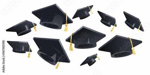 A celebratory scattering of black graduation caps in a white space