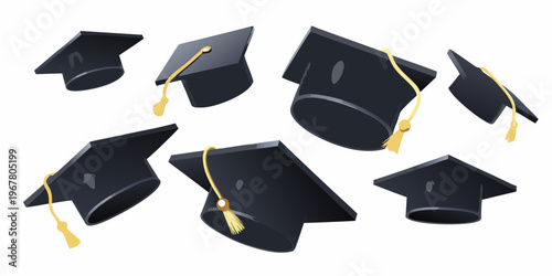 Celebration of graduation with multiple black mortarboards in the air