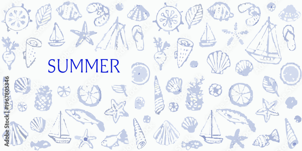 Obraz premium A whimsical summer pattern featuring seashells boats and ocean elements