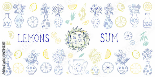 Watercolor illustration featuring lemons flowers and decorative vases