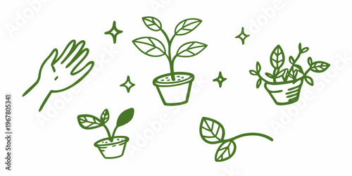A hand reaching towards potted plants with sparkling doodle elements