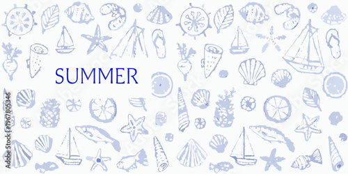 A whimsical summer pattern featuring seashells boats and ocean elements
