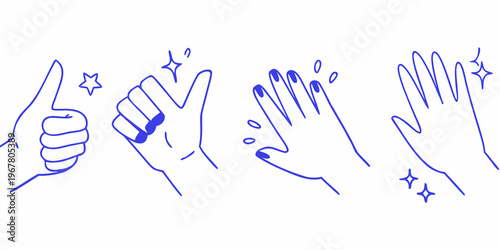 Blue line art depicting hands in various positive gestures