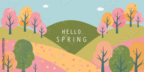A colorful landscape illustration welcomes the arrival of springtime
