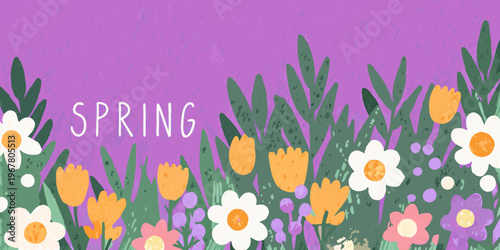 A vibrant illustration of spring flowers and foliage in purple hues